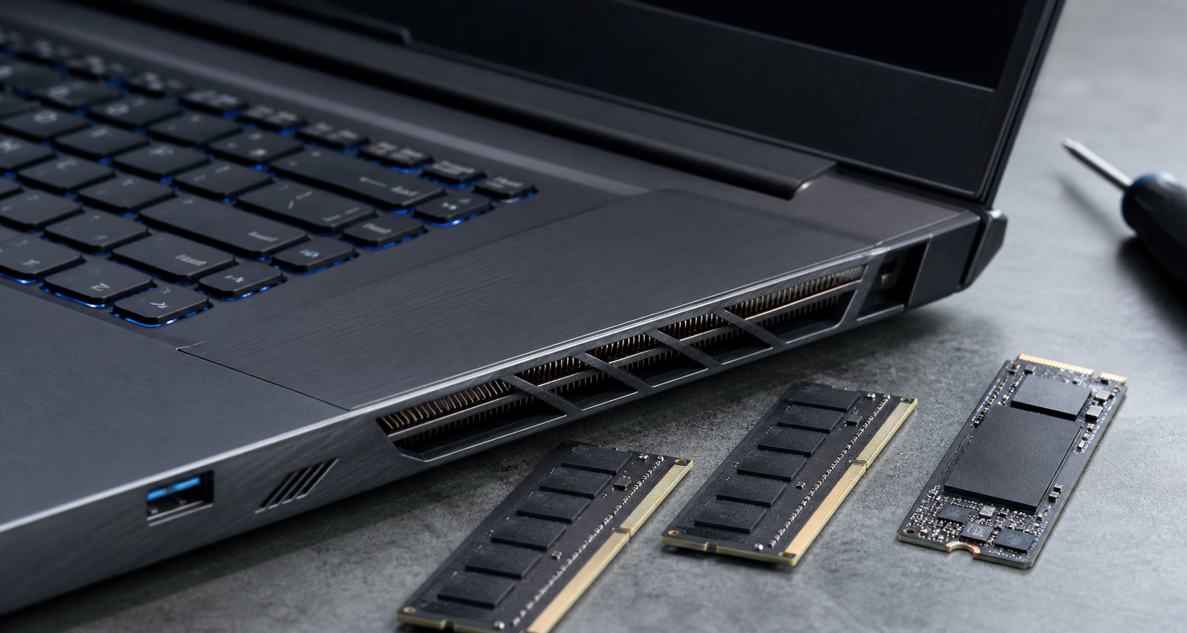 Original editorial close-up of a generic gaming laptop keyboard and internal component shapes