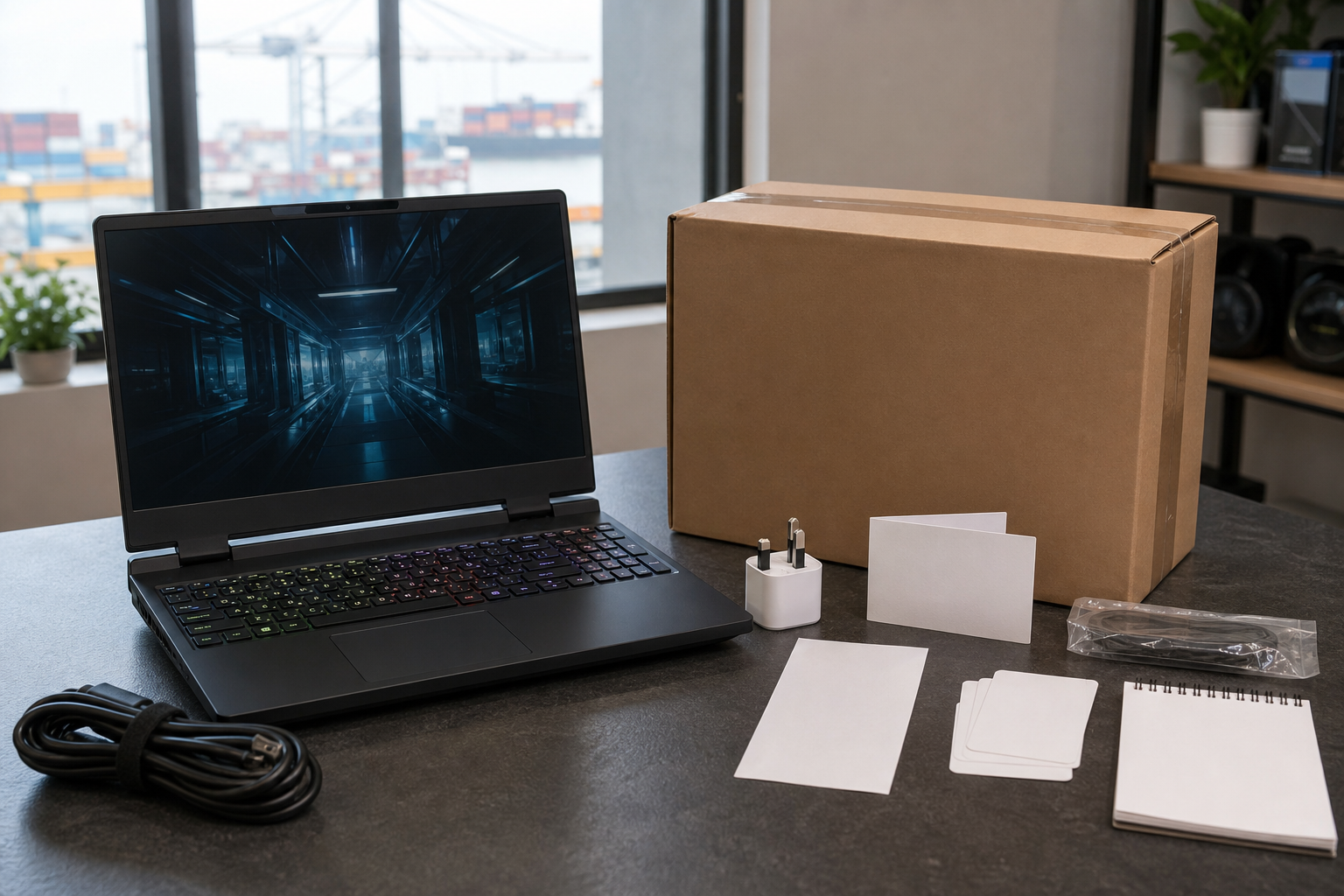 Original editorial image of a generic gaming laptop beside shipping and accessory items