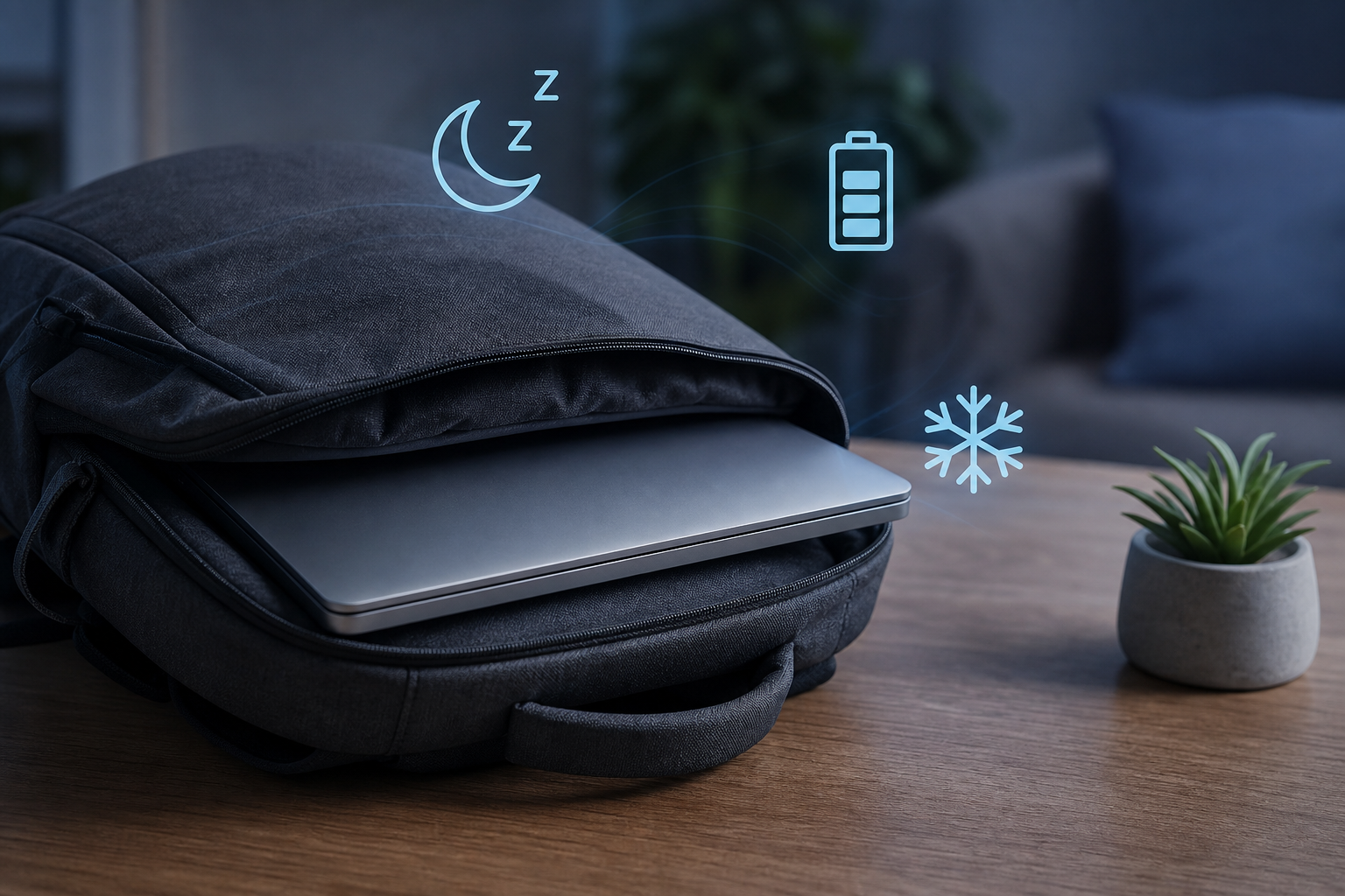 Unbranded laptop partly inside a backpack with abstract sleep and battery indicators