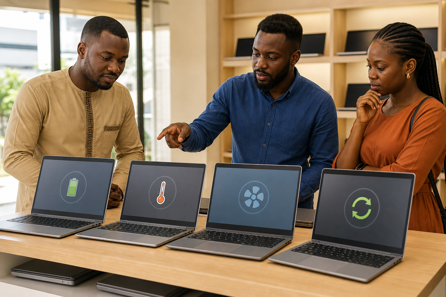 Customers comparing unbranded laptops in a retail setting with abstract battery and thermal indicators