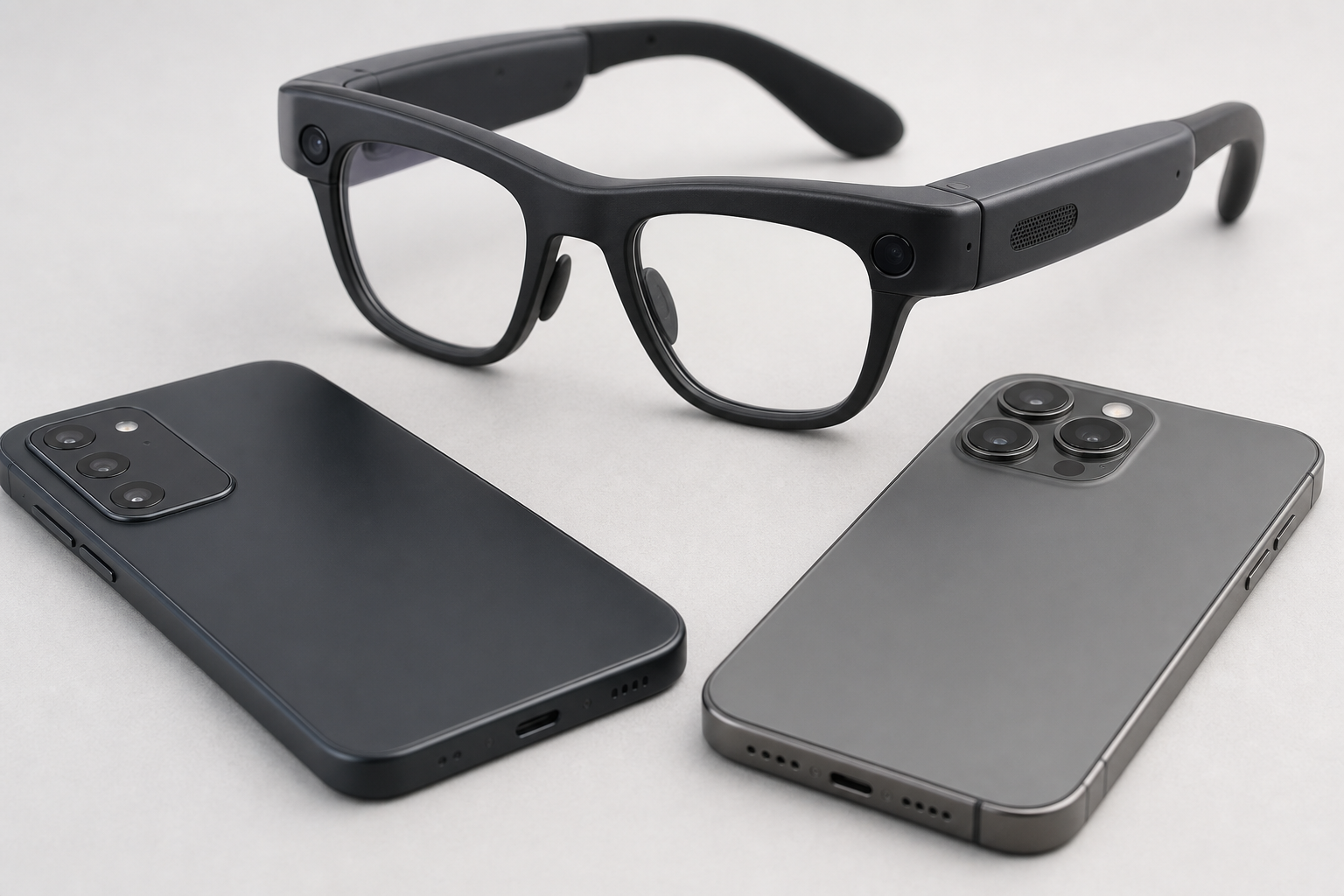 Close-up of AI smart glasses beside two generic smartphones