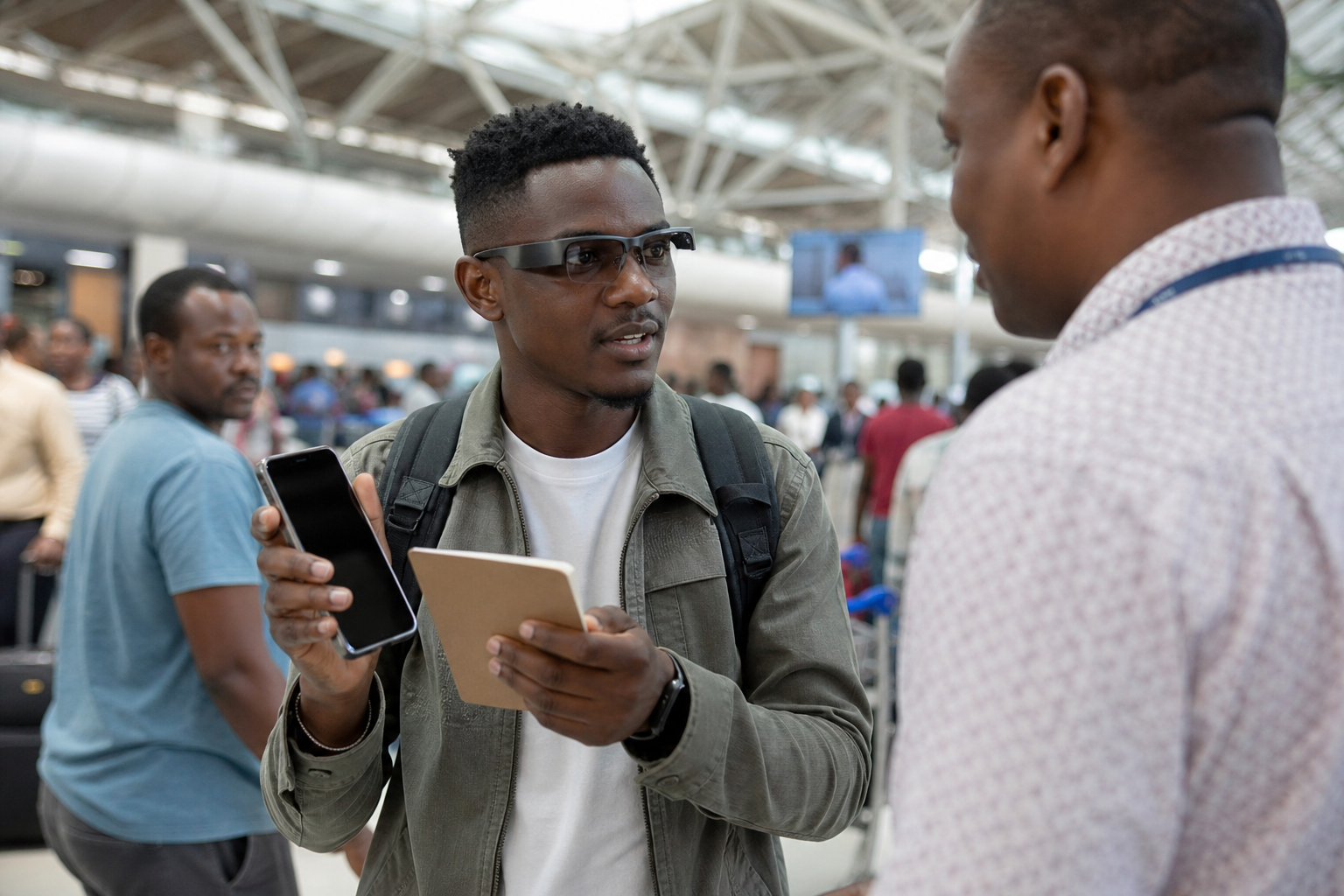 Traveler wearing smart glasses while holding a phone in a busy African terminal