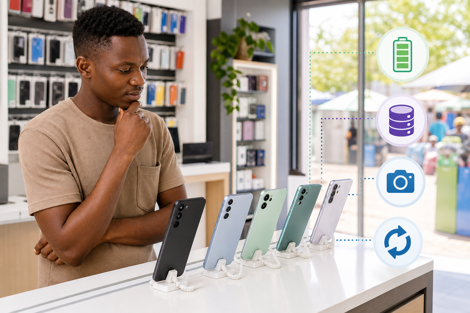 Buyer comparing unbranded smartphones in an African electronics shop