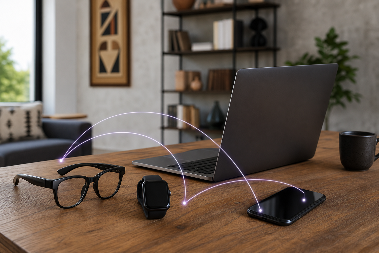 Unbranded smart glasses, smartwatch, laptop and smartphone connected on a desk