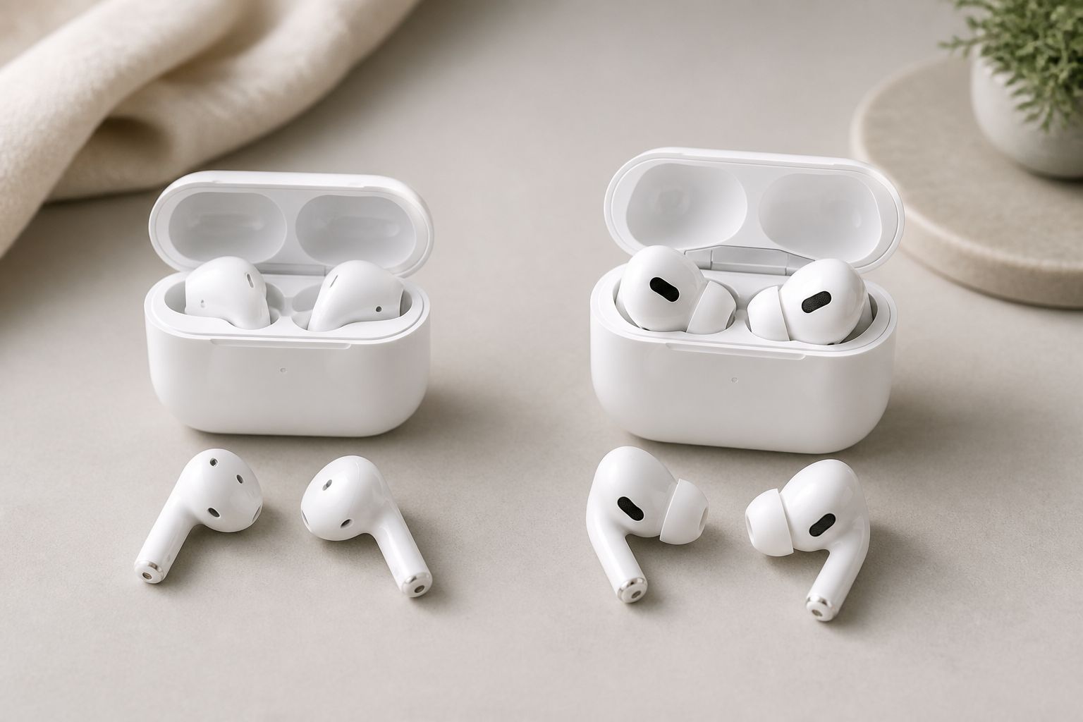 Two pairs of white wireless earbuds shown side by side for a buying comparison