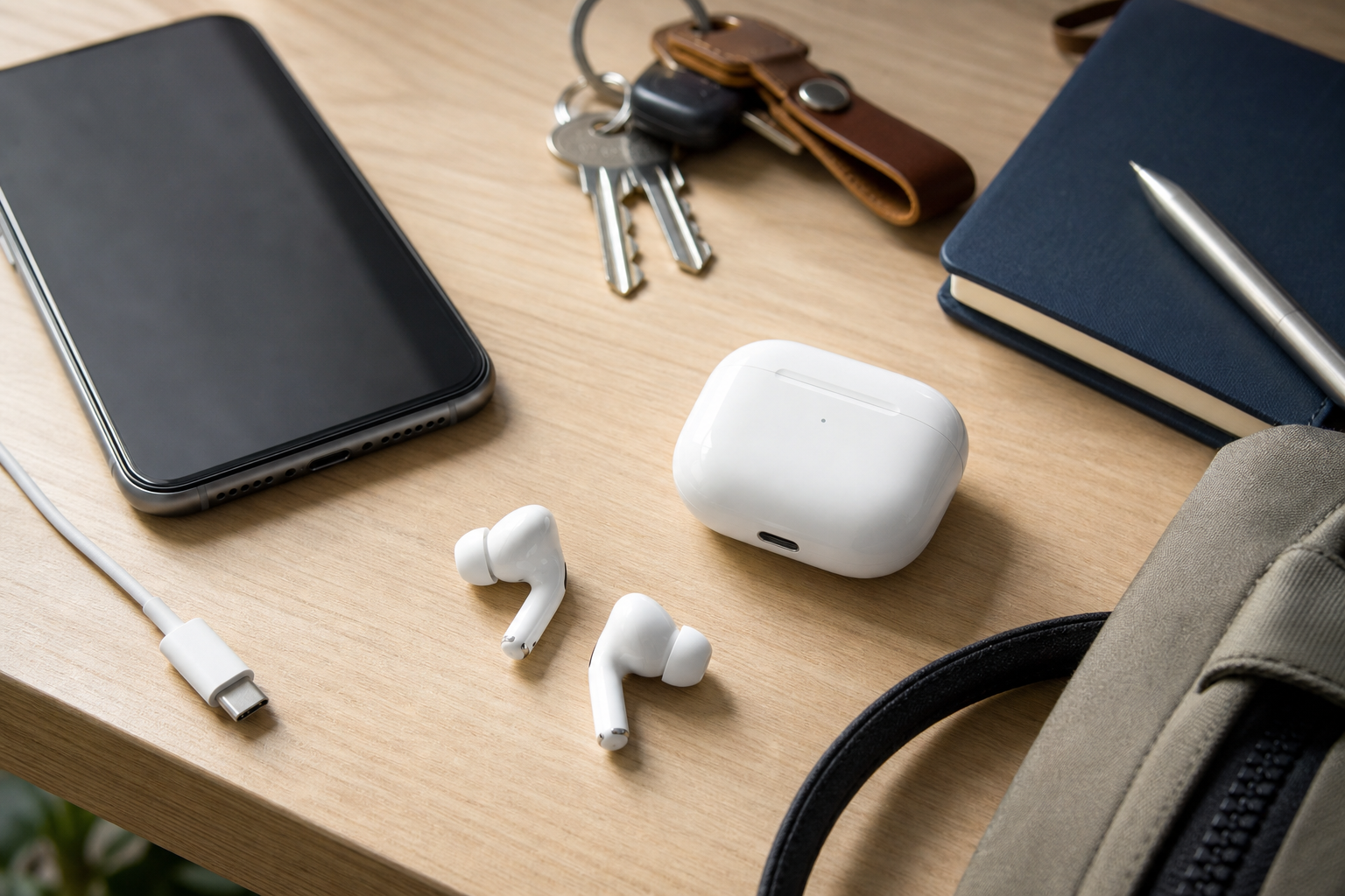 White wireless earbuds near a phone and USB-C cable in an everyday commute setup