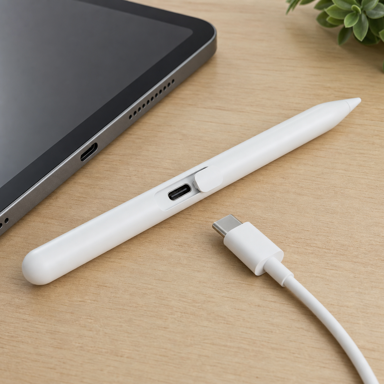 Close-up of a USB-C stylus charging beside a tablet