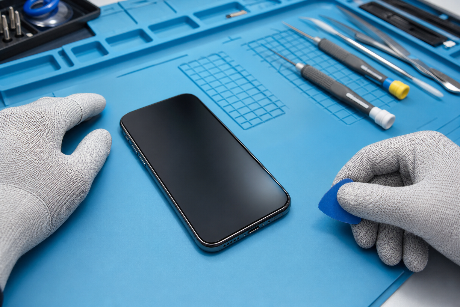 Unbranded smartphone on a repair mat during a careful inspection