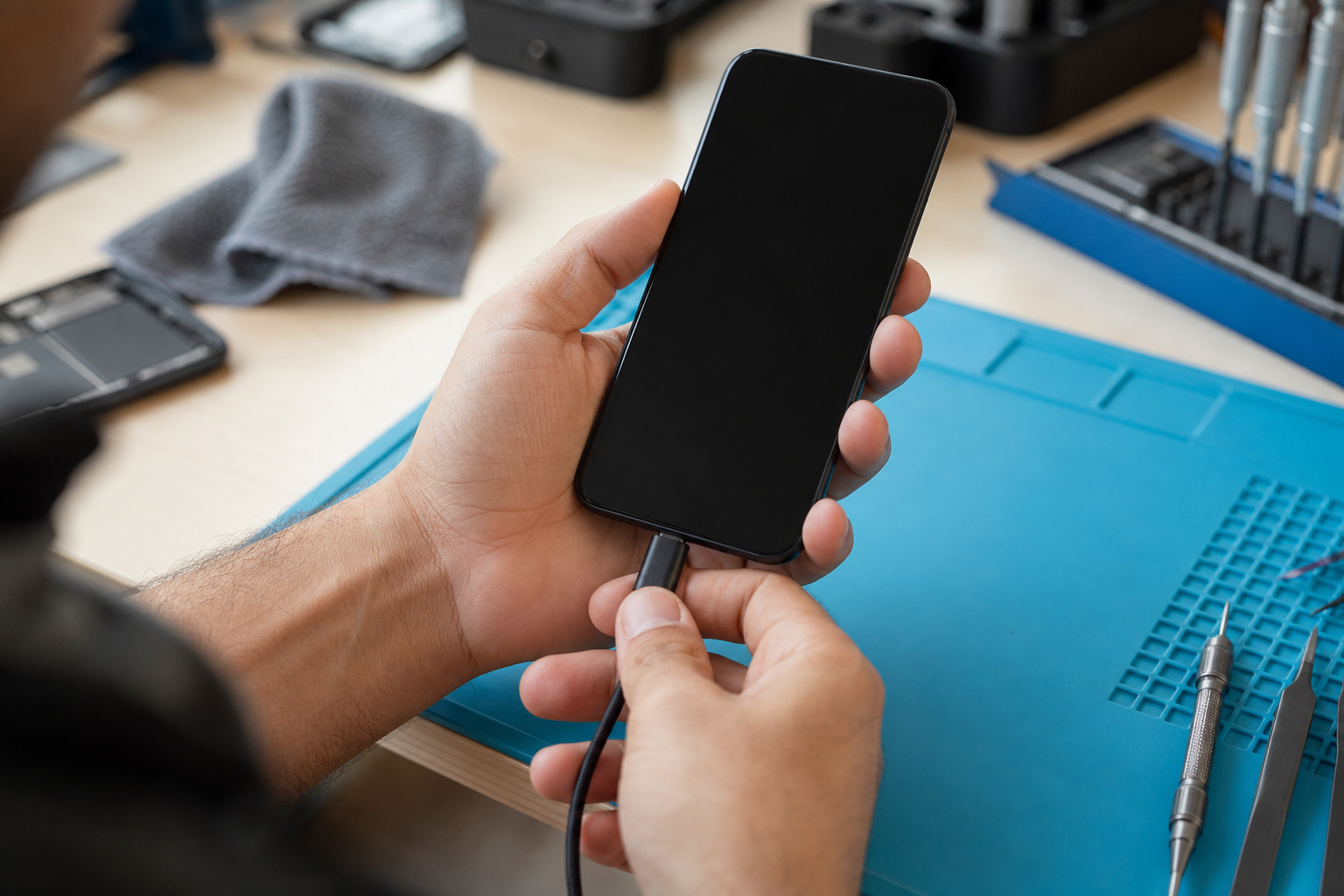 Repair technician testing an unbranded smartphone with a charging cable