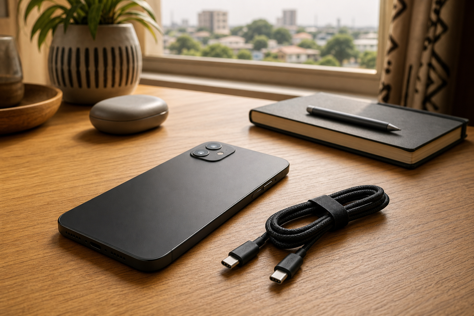 Unbranded smartphone and charging cable on a desk in daylight