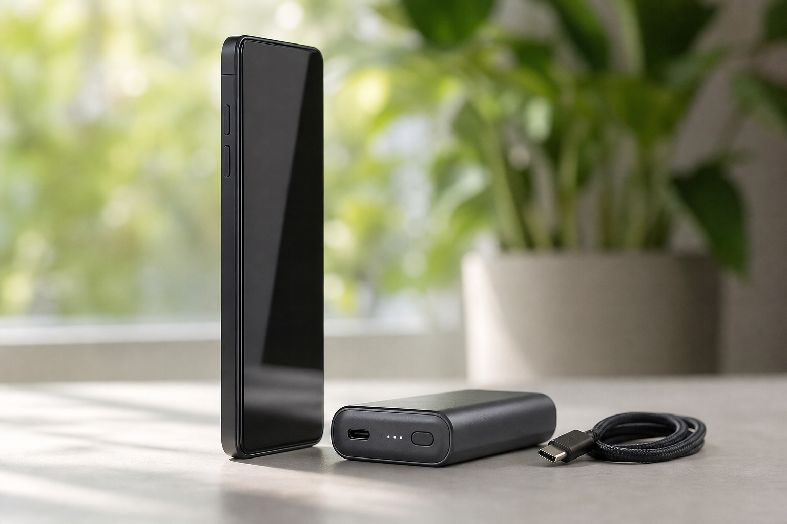 Unbranded smartphone beside a compact power bank and USB-C cable