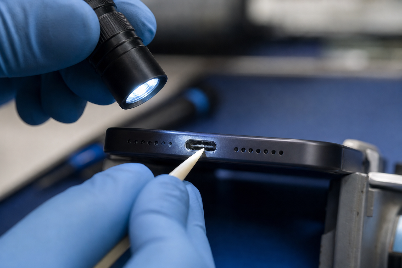 Close-up repair bench scene showing a USB-C smartphone charging port inspection with precision tools