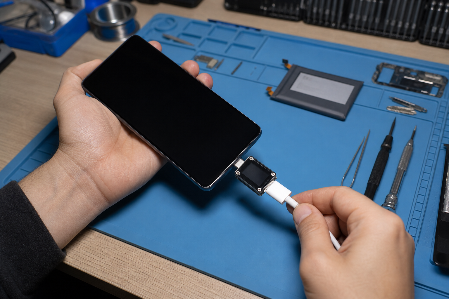 Repair technician checking a smartphone battery and charging assembly during diagnostics