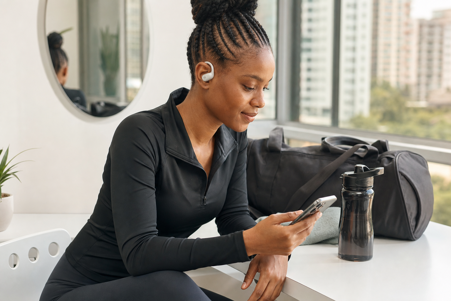 Person wearing open-fit wireless earbuds beside a gym bag and phone