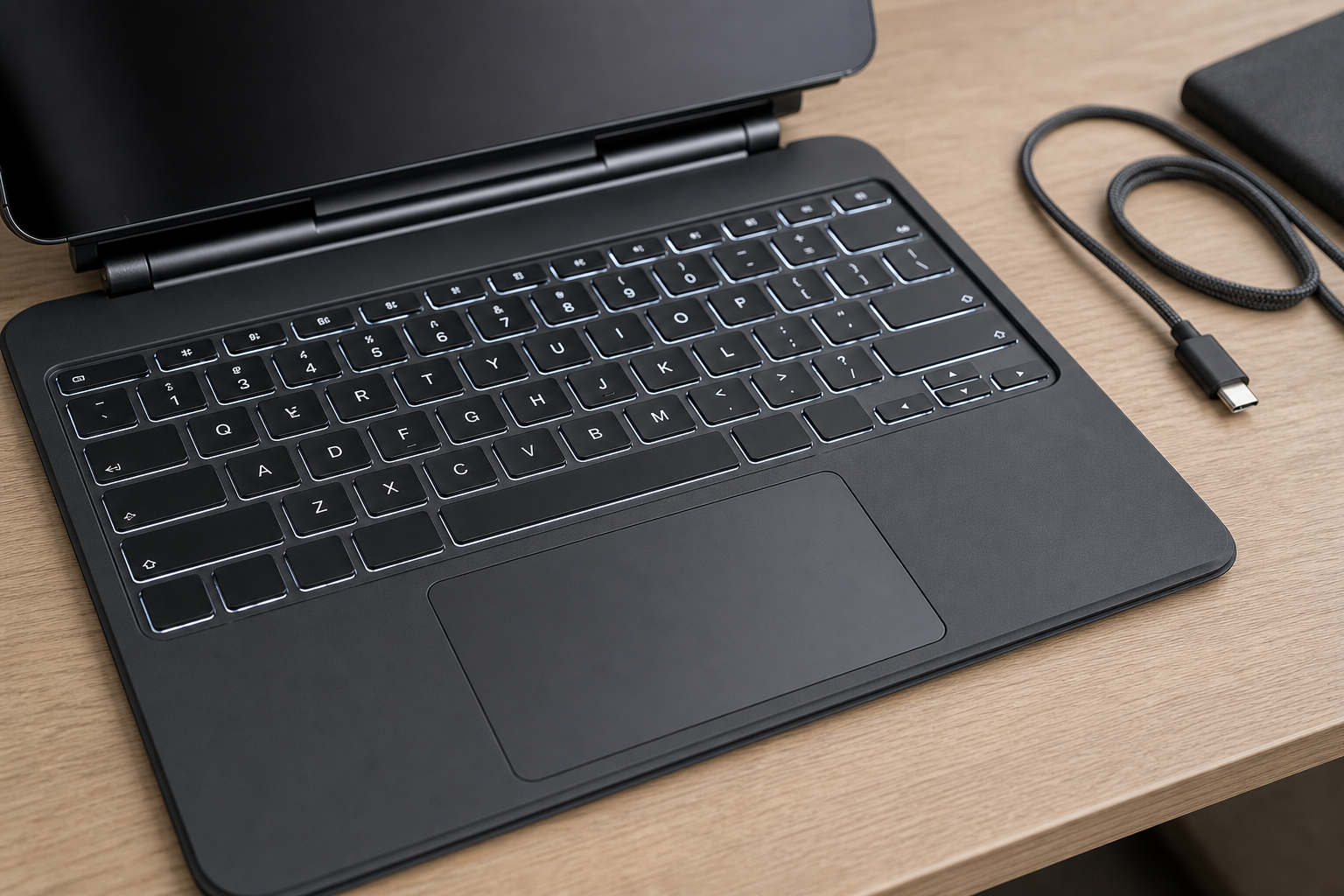 Close-up of a premium tablet keyboard with trackpad and USB-C cable nearby