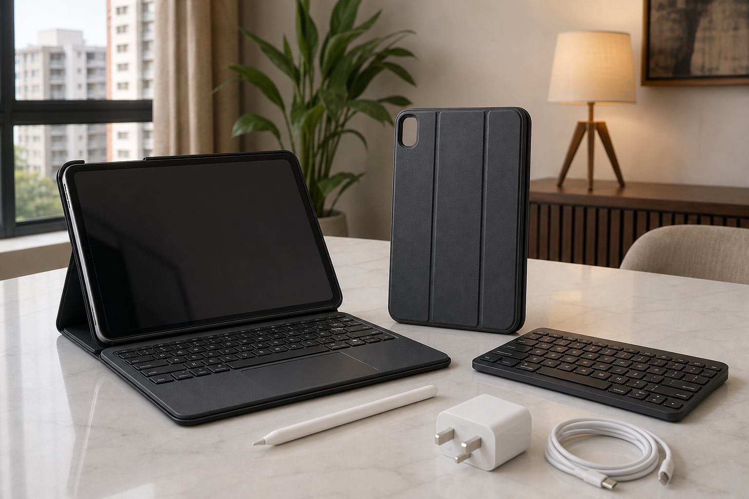 Tablet keyboard case beside folio case, stylus, compact keyboard, charger, and cable