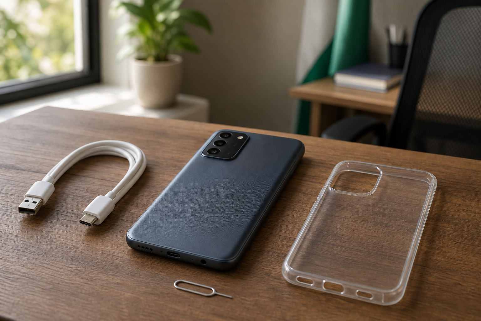 Budget smartphone accessories on a desk showing charger cable case and SIM tool