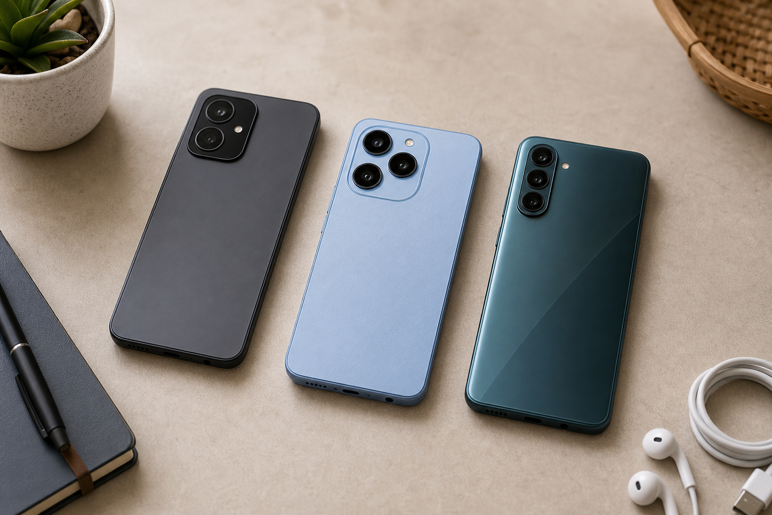 Three generic smartphones side by side for budget phone comparison