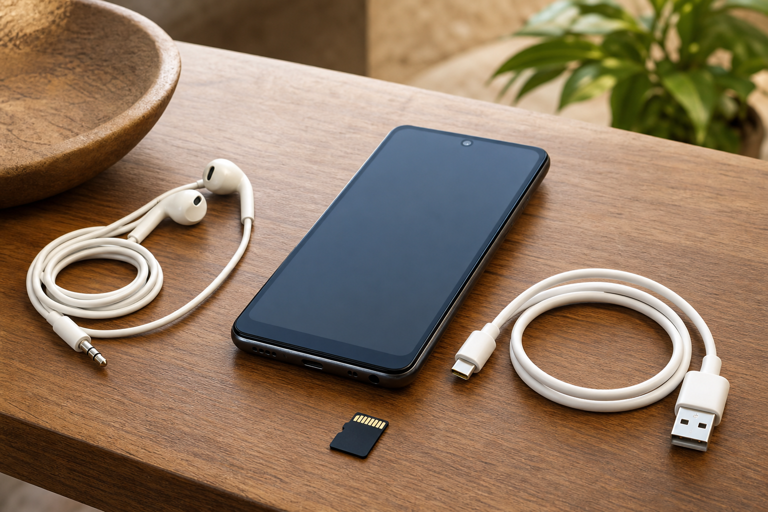 Budget smartphone with accessories on a table
