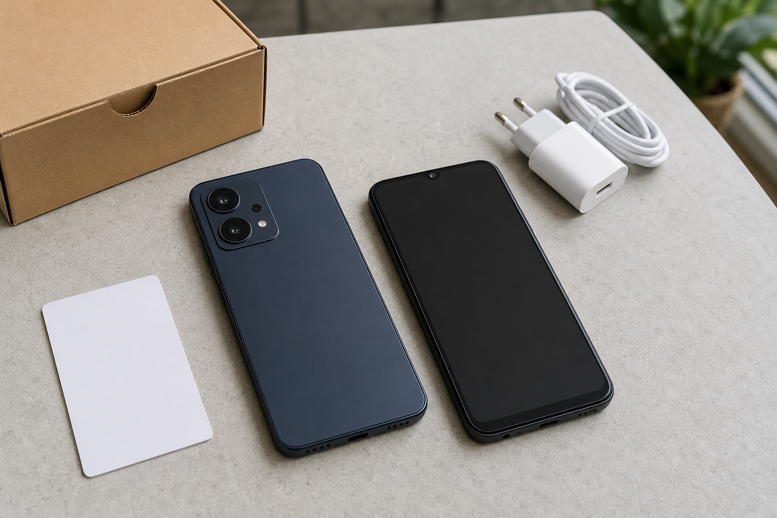 Two unbranded budget smartphones beside a delivery box and charger