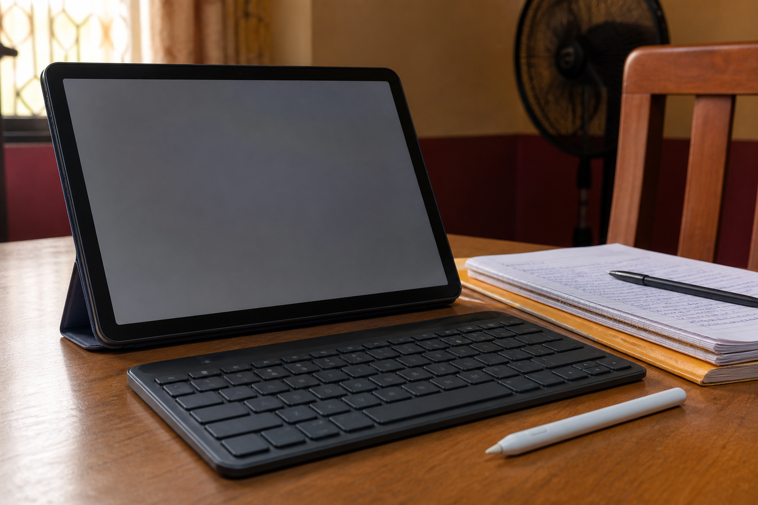 Tablet on a study desk with keyboard and notes
