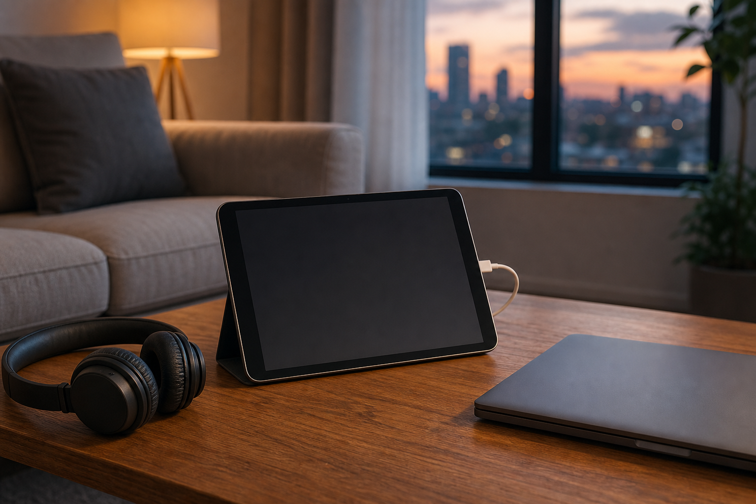 Tablet charging beside headphones and a closed laptop