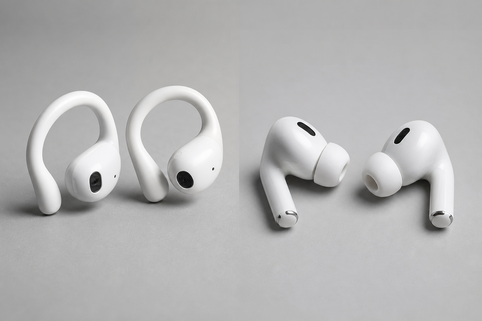 Two pairs of white wireless earbuds arranged for a fit and comfort comparison