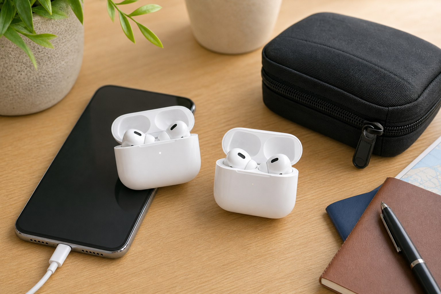 Wireless earbuds charging cases beside battery and travel objects without text