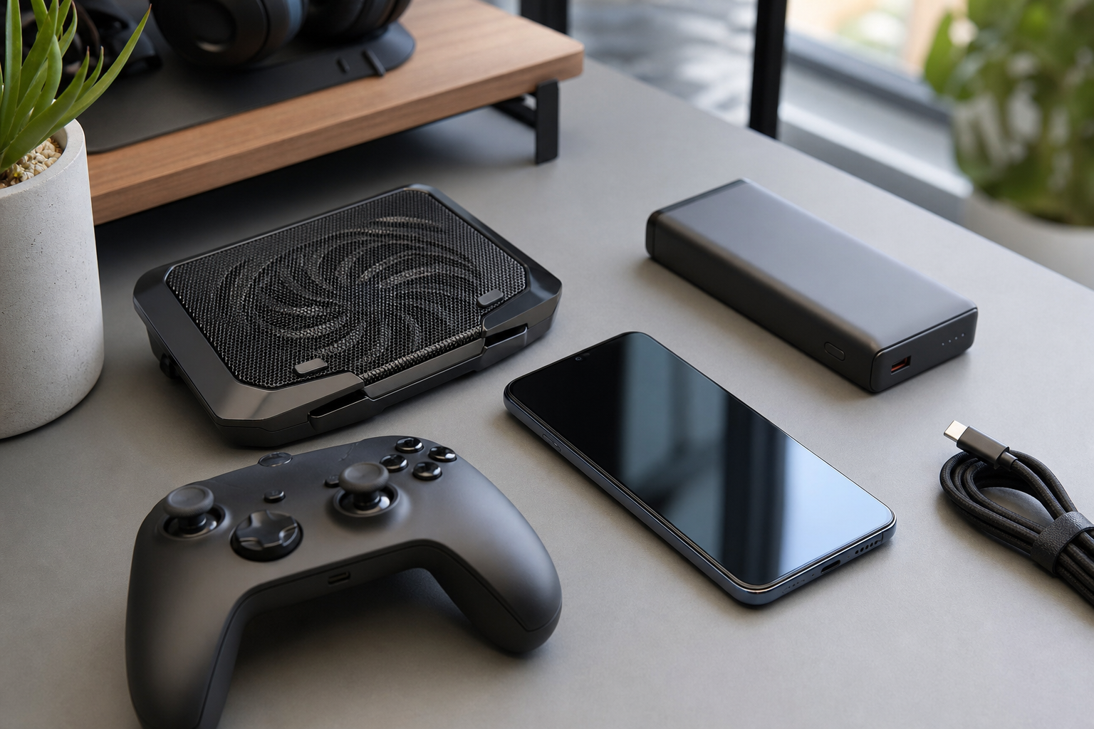Gaming smartphone setup with controller cooling pad power bank and USB-C cable