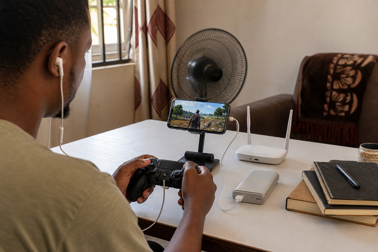 Mobile gaming setup in an African home with phone controller router and power bank