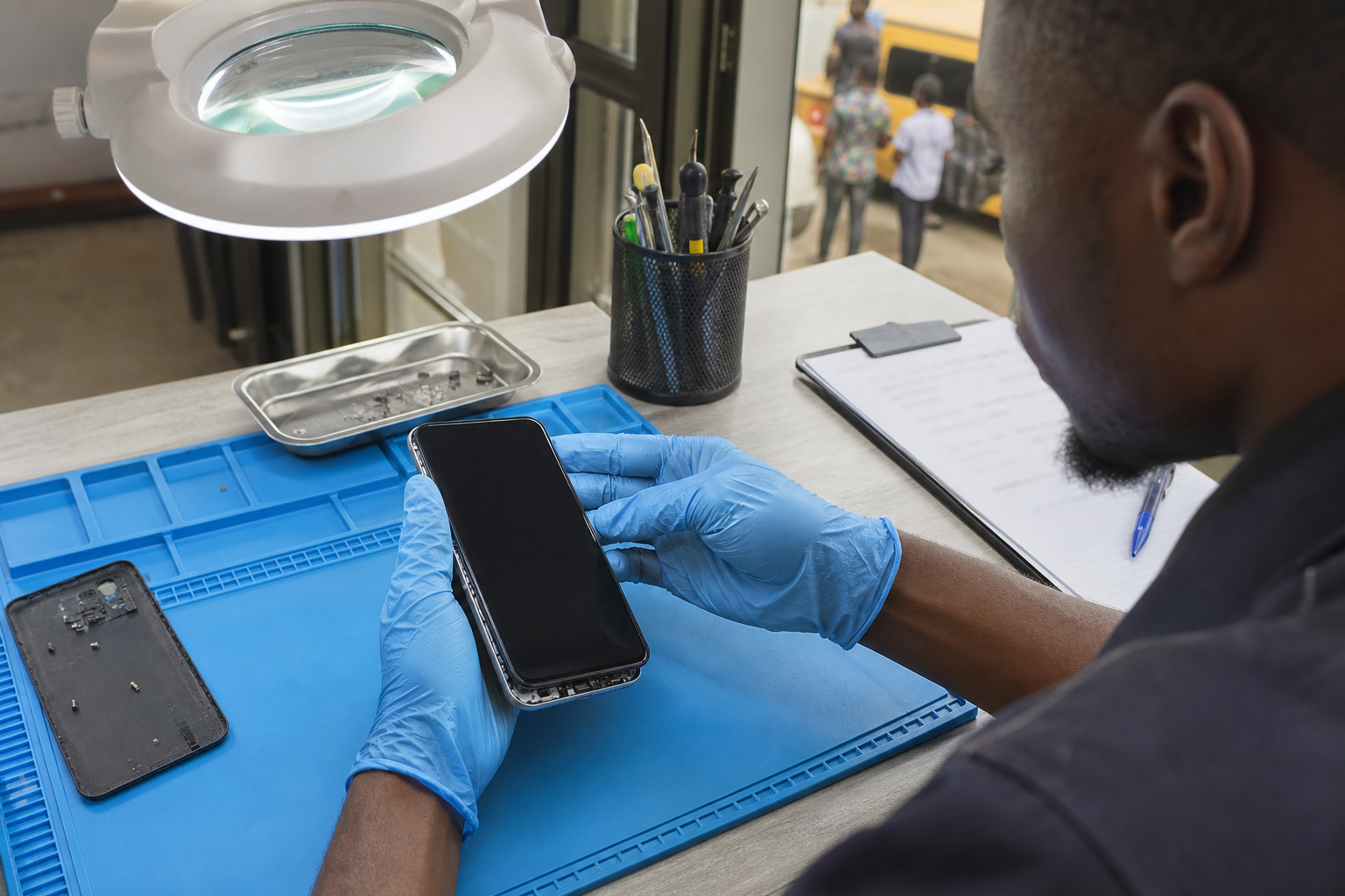 Technician inspecting a smartphone during repair intake