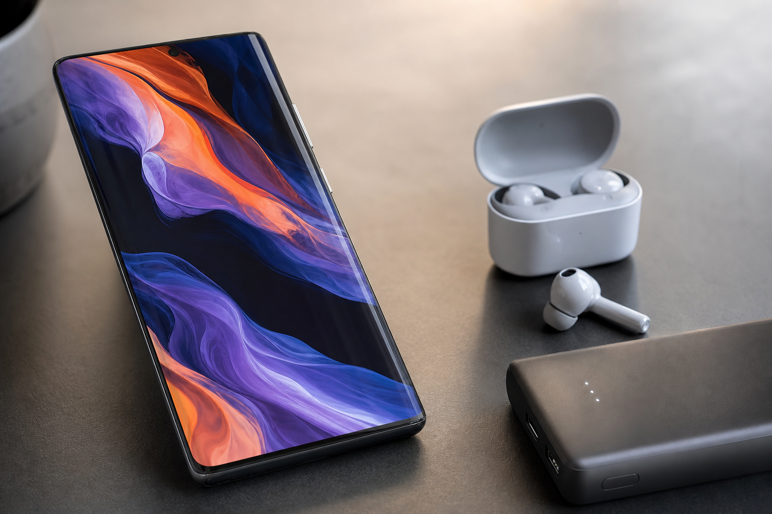 Curved smartphone display beside earbuds and a power bank