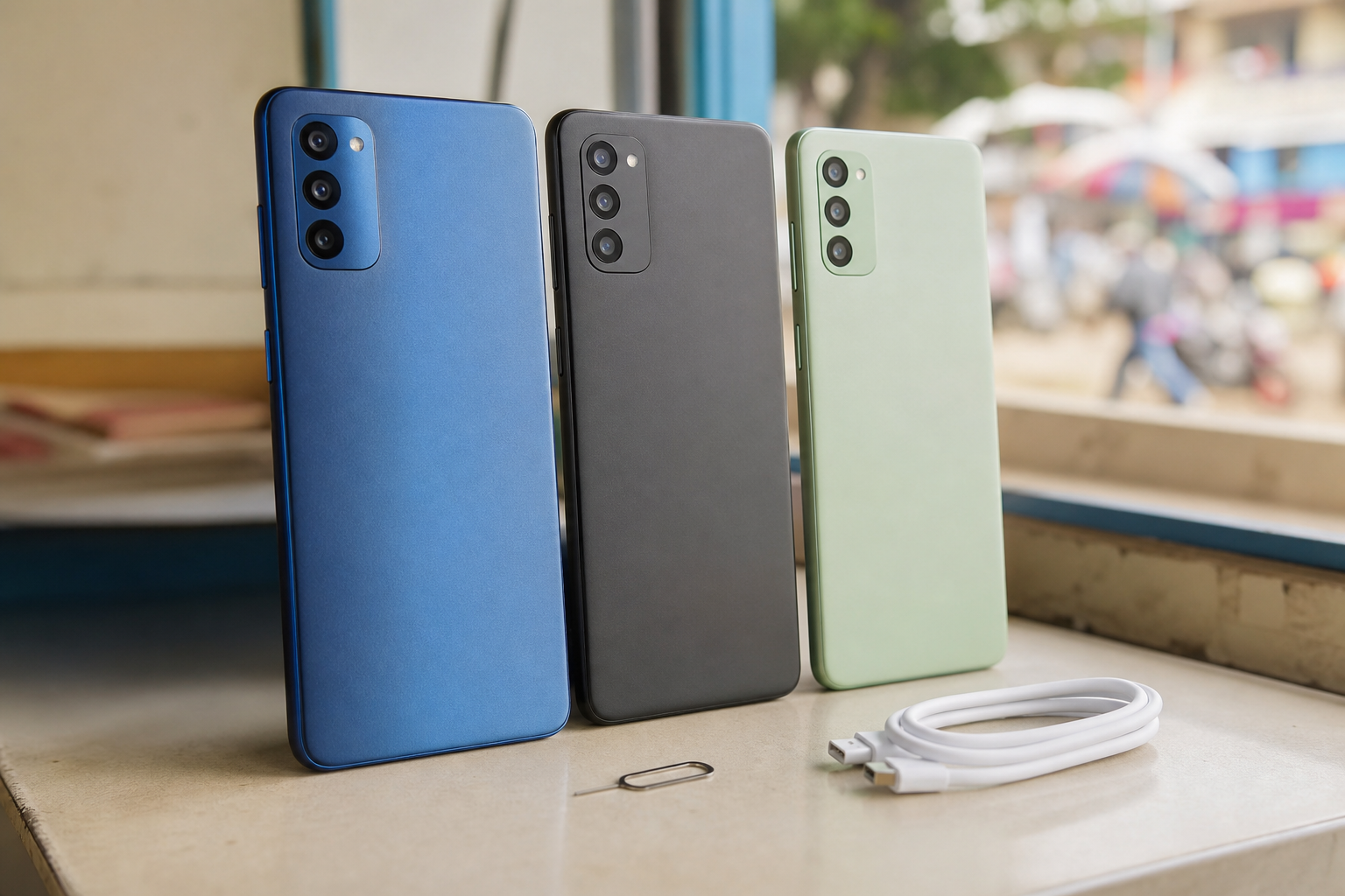 Three unbranded smartphones arranged for buyer comparison
