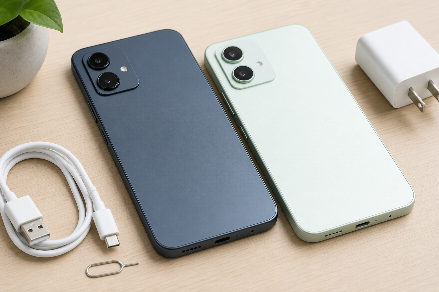 Budget smartphones and accessories arranged for camera and build comparison