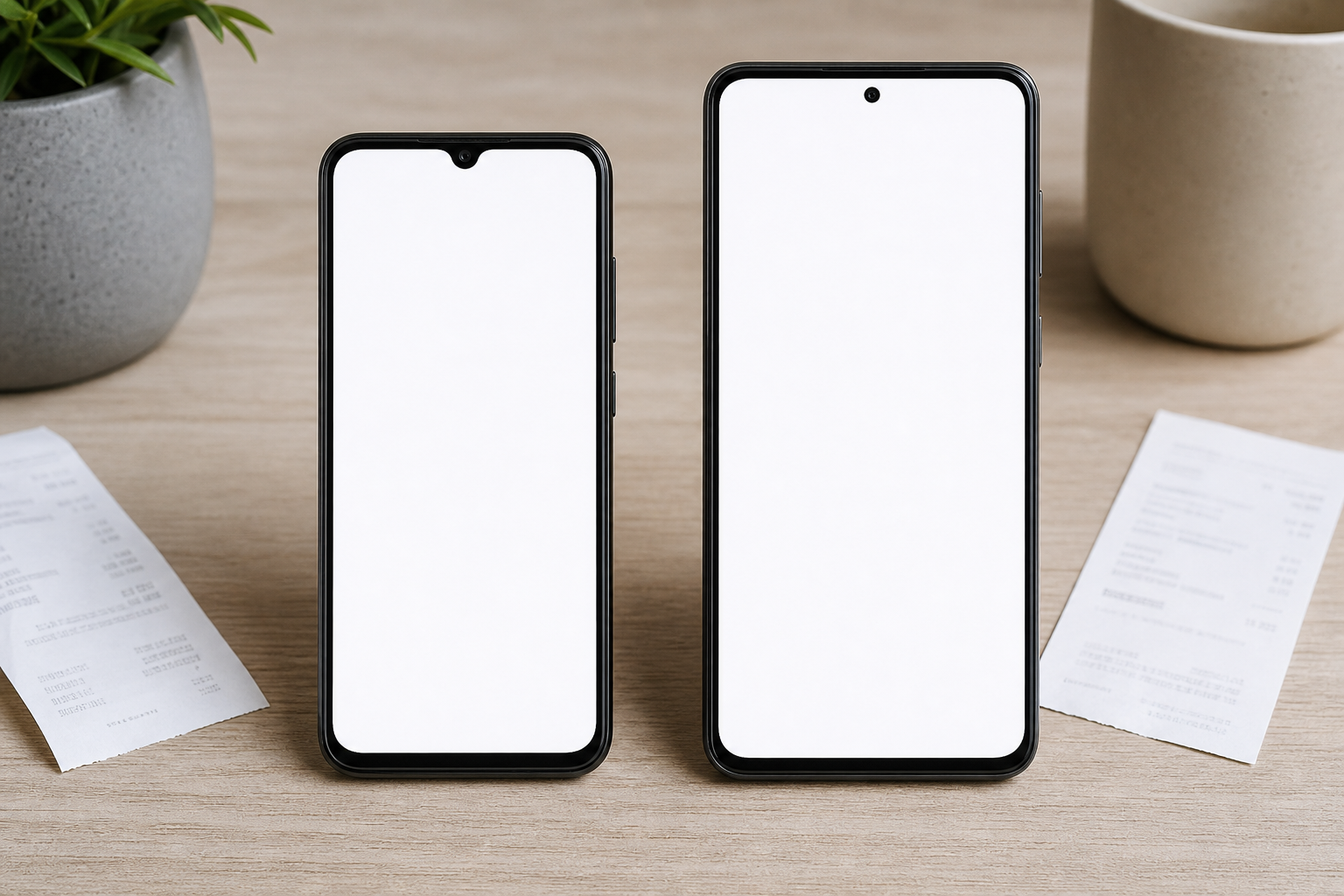 Two affordable smartphones shown front-facing to compare screen size and ergonomics
