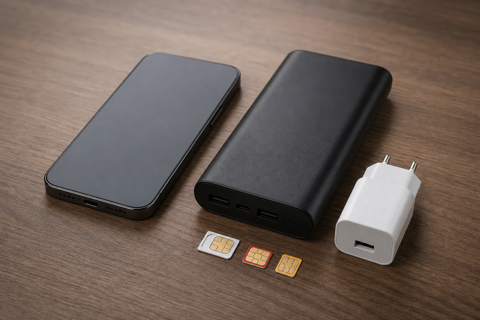 Generic smartphone beside a power bank, charger and SIM cards