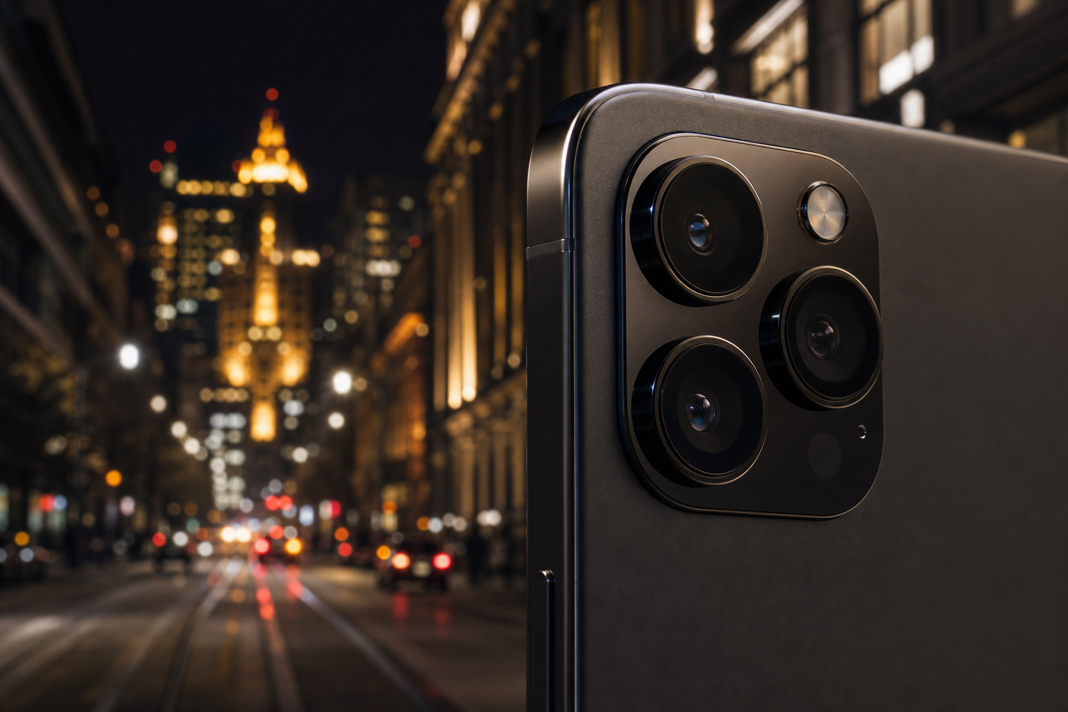 Generic smartphone camera module facing a night city scene