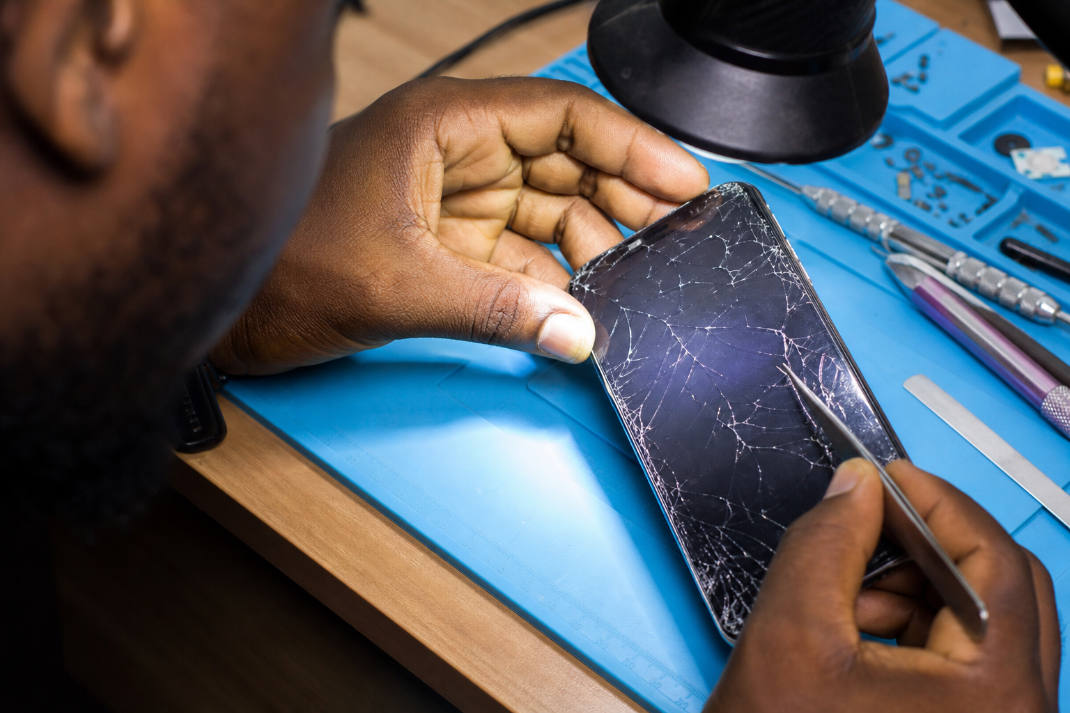 Technician inspecting a cracked smartphone display on a repair mat