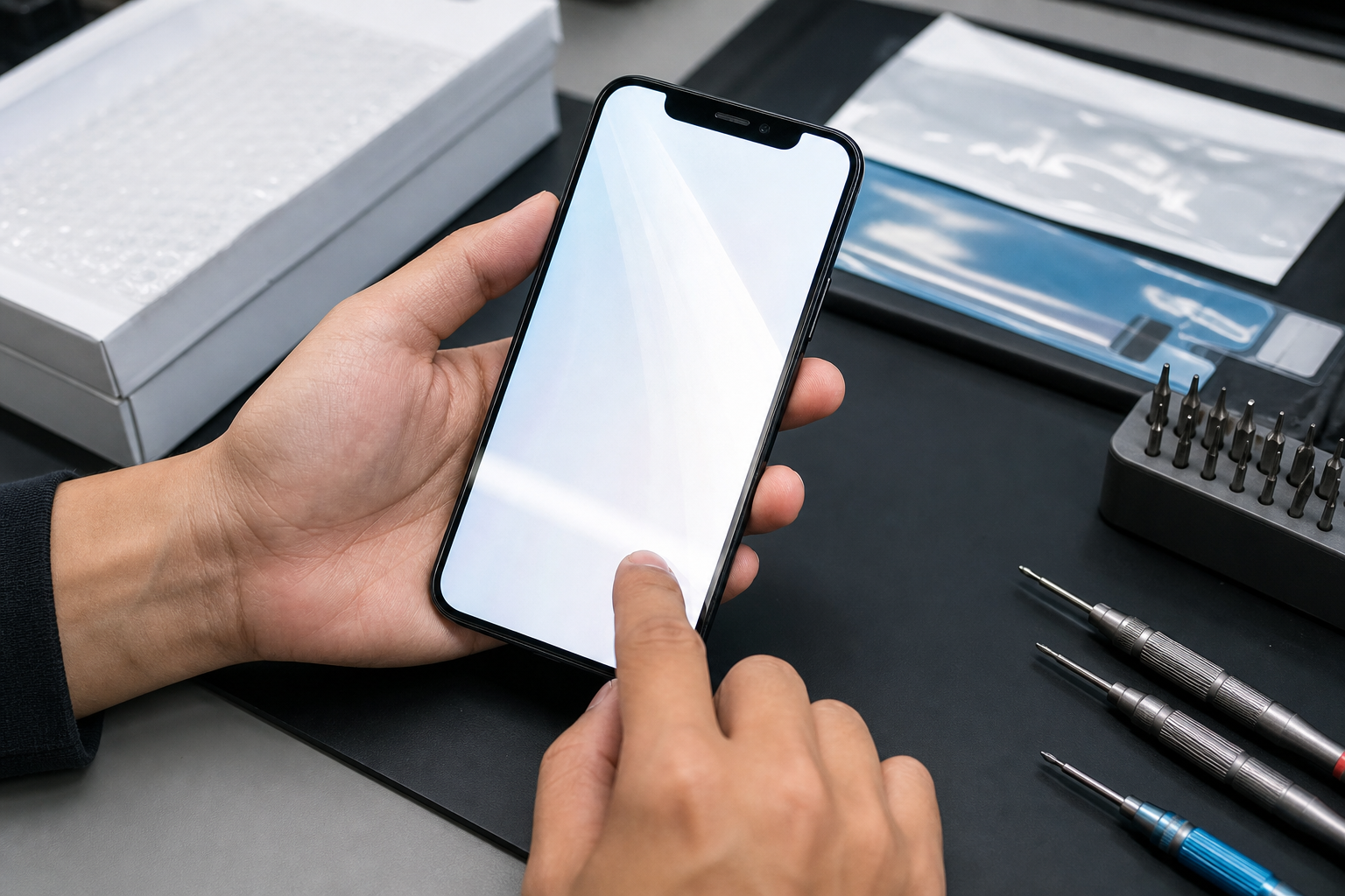 Repaired smartphone display being tested for touch response