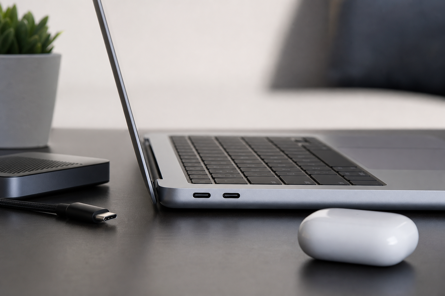 Close-up of slim laptop ports and USB-C accessories
