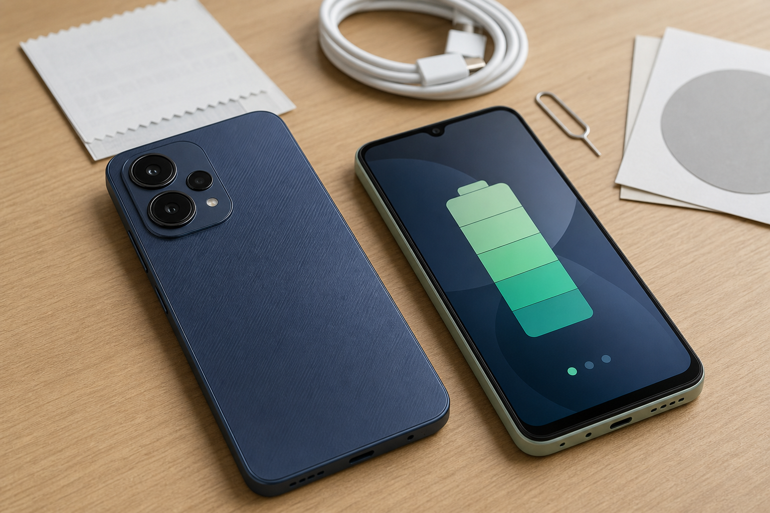 Budget smartphones with charging cable and accessories on a table