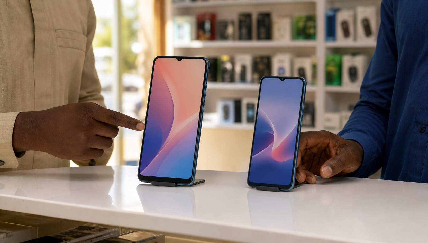 Two smartphones being compared on a clean retail counter