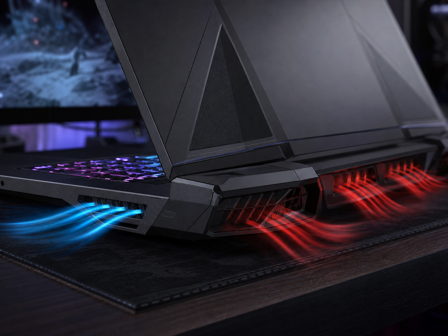 Close-up concept of gaming laptop cooling vents and airflow