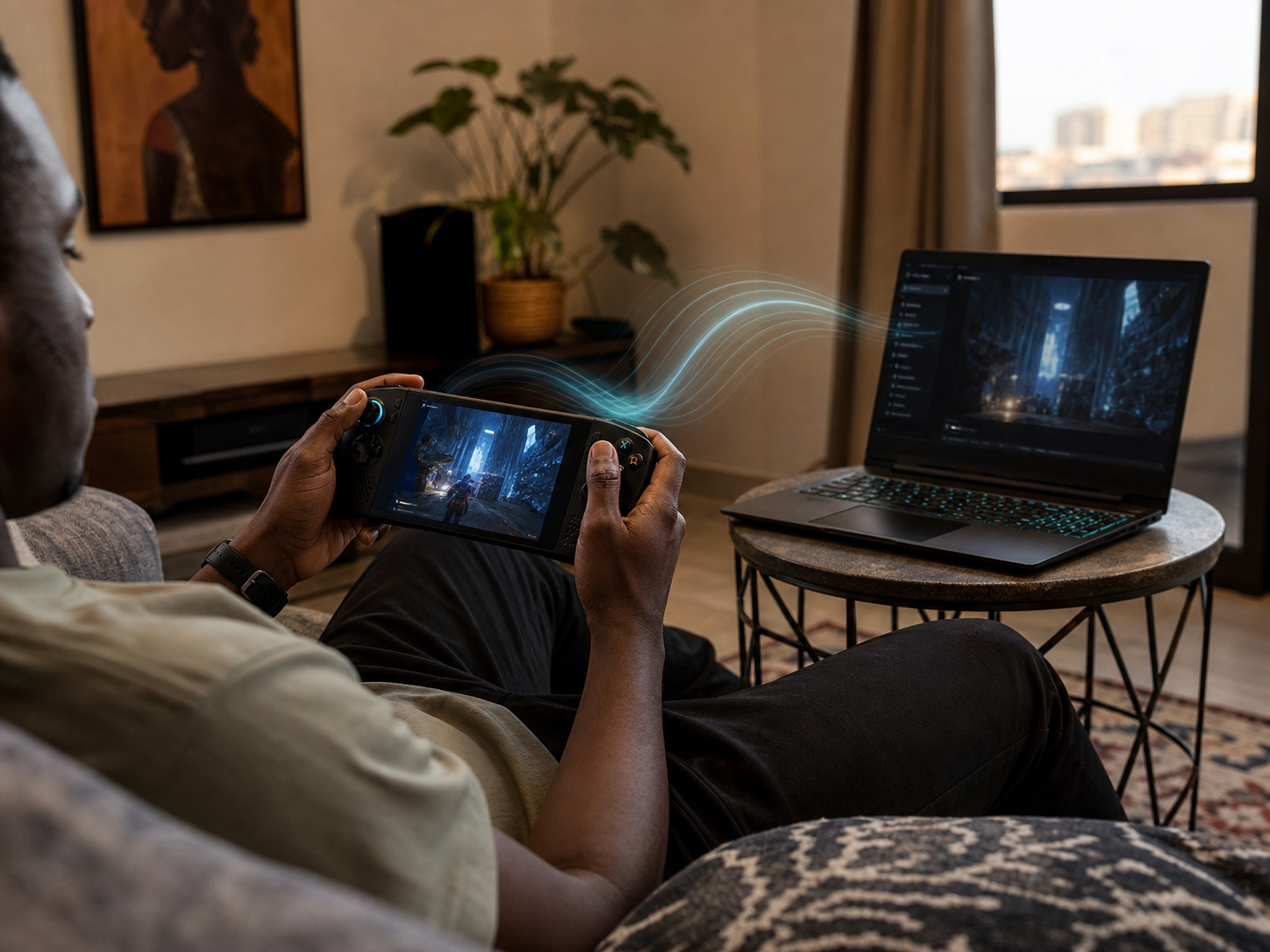 Handheld game streaming device used near a gaming laptop in a living room