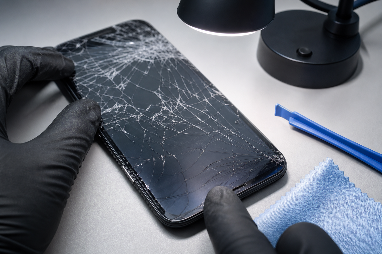 Close view of a cracked smartphone display being inspected before repair