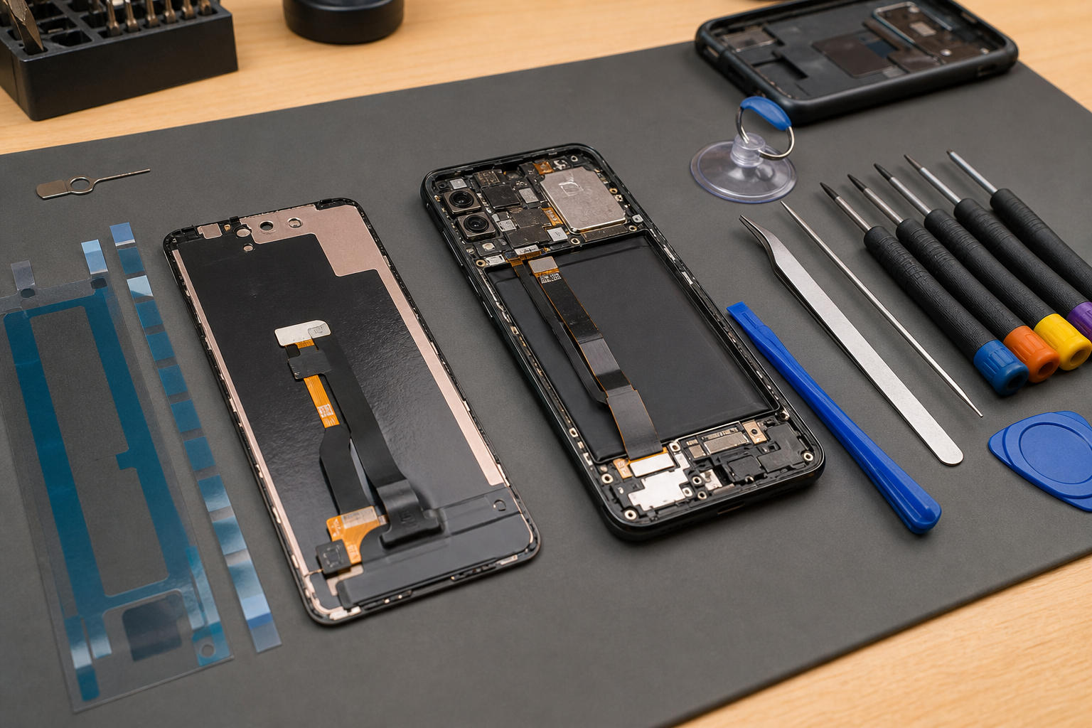 Technician workstation with smartphone repair tools and replacement display components
