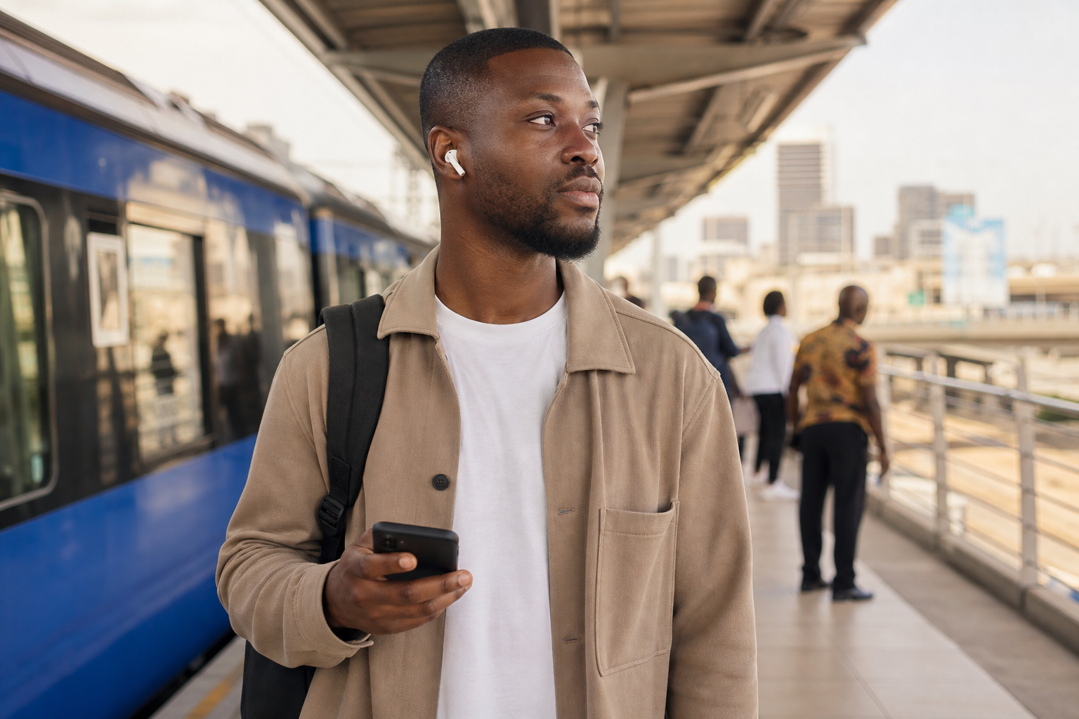 Commuter wearing white wireless earbuds while holding a phone