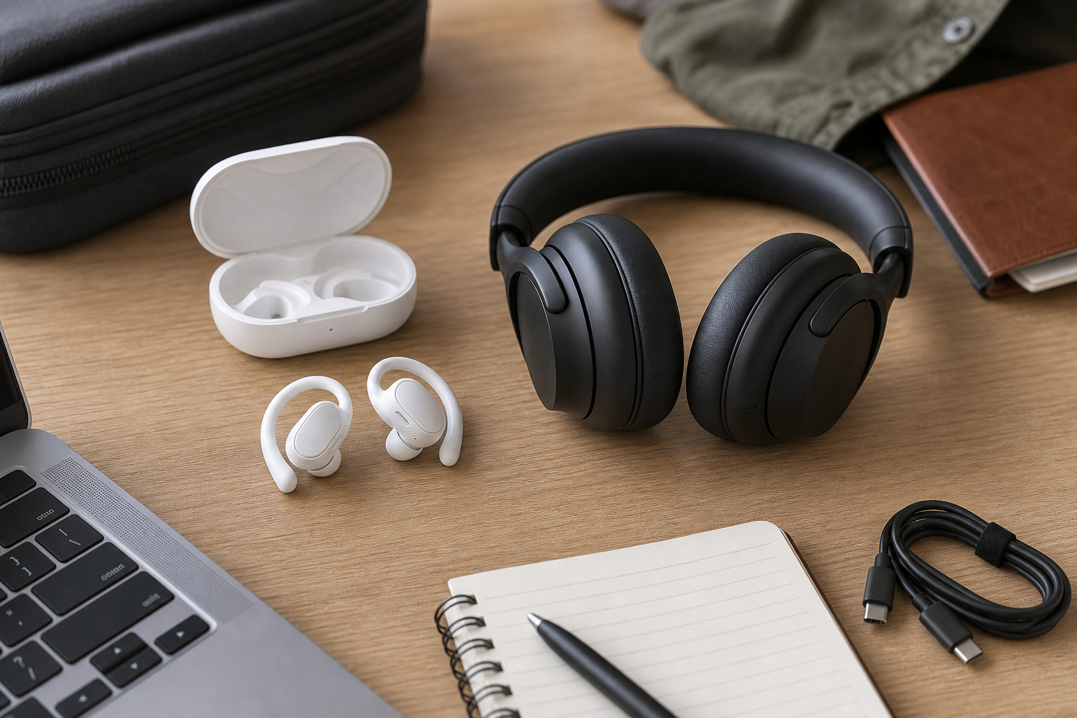 Wireless earbuds and over-ear headphones arranged on a desk for comparison