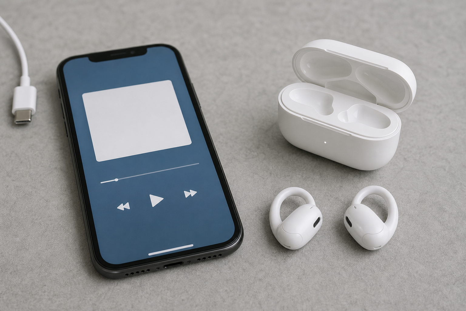Open-fit wireless earbuds and charging case beside a smartphone and charging cable