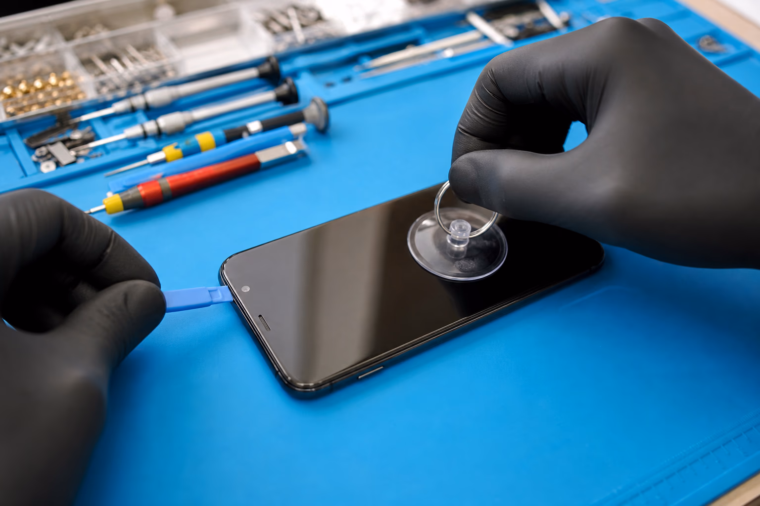 Technician testing a smartphone screen during repair diagnosis